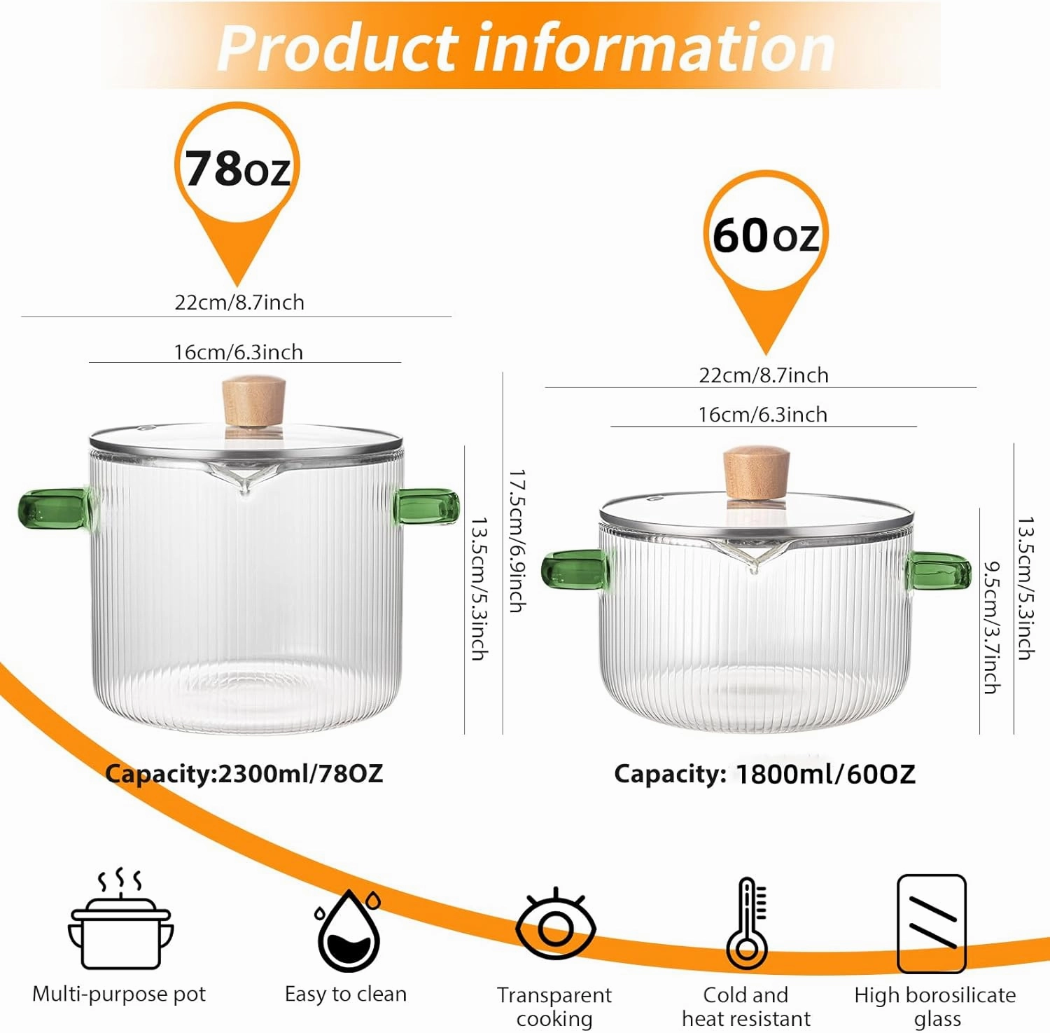 2-Piece Simmer with Lid, 1.8L & 2.3L Borosilicate, Heat Resistant Cooking, Ribbed Design for Pasta, Soup, Milk, Clear Kitchen Essential