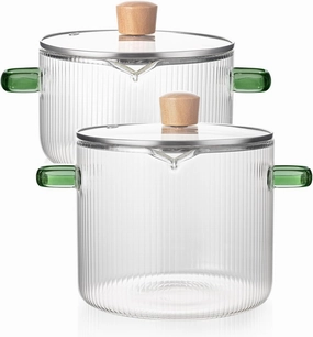 2-Piece Simmer with Lid, 1.8L & 2.3L Borosilicate, Heat Resistant Cooking, Ribbed Design for Pasta, Soup, Milk, Clear Kitchen Essential