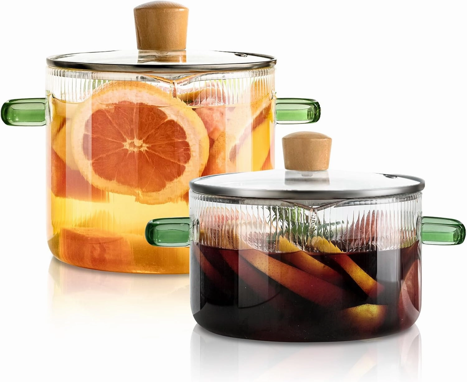 2-Piece Simmer with Lid, 1.8L & 2.3L Borosilicate, Heat Resistant Cooking, Ribbed Design for Pasta, Soup, Milk, Clear Kitchen Essential