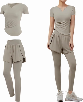 2-Piece Yoga Set For Women, Khaki Short Sleeve Outfit, Xxl Black Sweat-Wicking And Breathable Pilates & Running Set