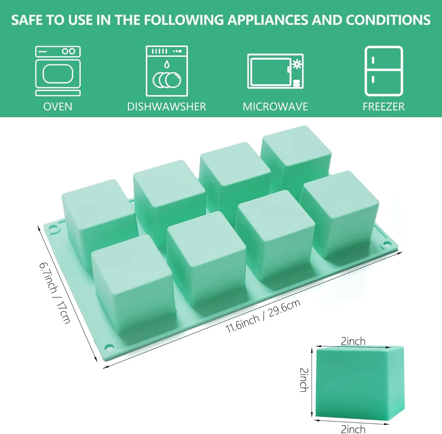 2Pcs Cube Cake Silicone Mold, 2" x 2" x 2" Square Silicone Mold,Non-Stick 8-Cavity Candy Chocolate Molds for Mousse Cheesecake Brownie Bites (2Inch 8Cavity)
