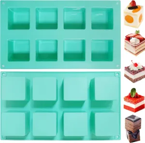 2Pcs Cube Cake Silicone Mold, 2" x 2" x 2" Square Silicone Mold,Non-Stick 8-Cavity Candy Chocolate Molds for Mousse Cheesecake Brownie Bites (2Inch 8Cavity)