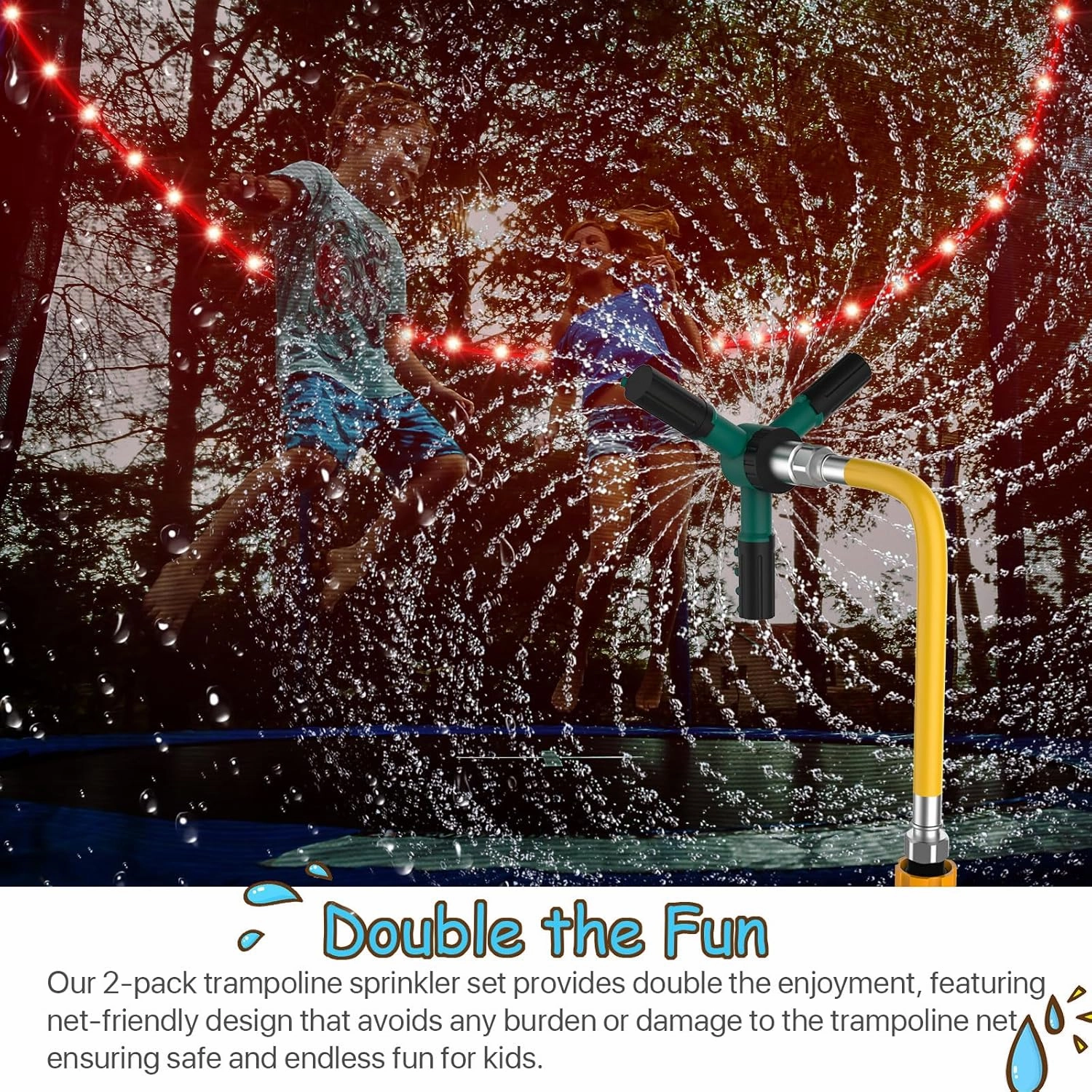 2Pcs Outdoor Kids Trampoline Set, 360 Auto Sprinkler & LED Light Set for 12Ft Trampoline, Waterproof, Backyard Water Park