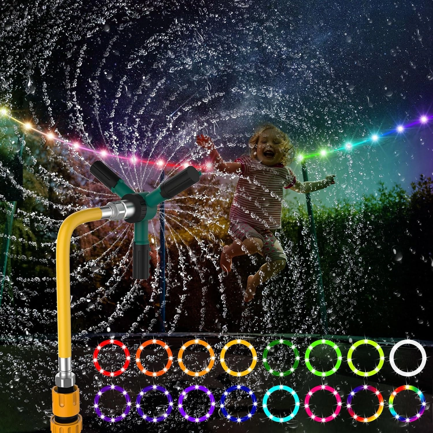 2Pcs Outdoor Kids Trampoline Set, 360 Auto Sprinkler & LED Light Set for 12Ft Trampoline, Waterproof, Backyard Water Park