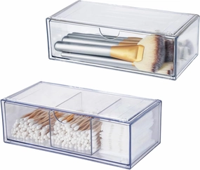 2PCS Square Qtip Holder Dispenser, Clear Cotton Ball Holder With Compartments, Stackable Cotton Pad Container, Cosmetic Organizer for Bathroom Canisters Vanity Makeup (1pc separate 1pc convention)