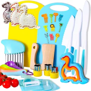 30 Pieces Toddler Knife Set, Kids Knives for Real Cooking, Kids Cooking Sets Real-Montessori Kitchen Tools with Cutting Board Crinkle Cutters Kid Safe Knives