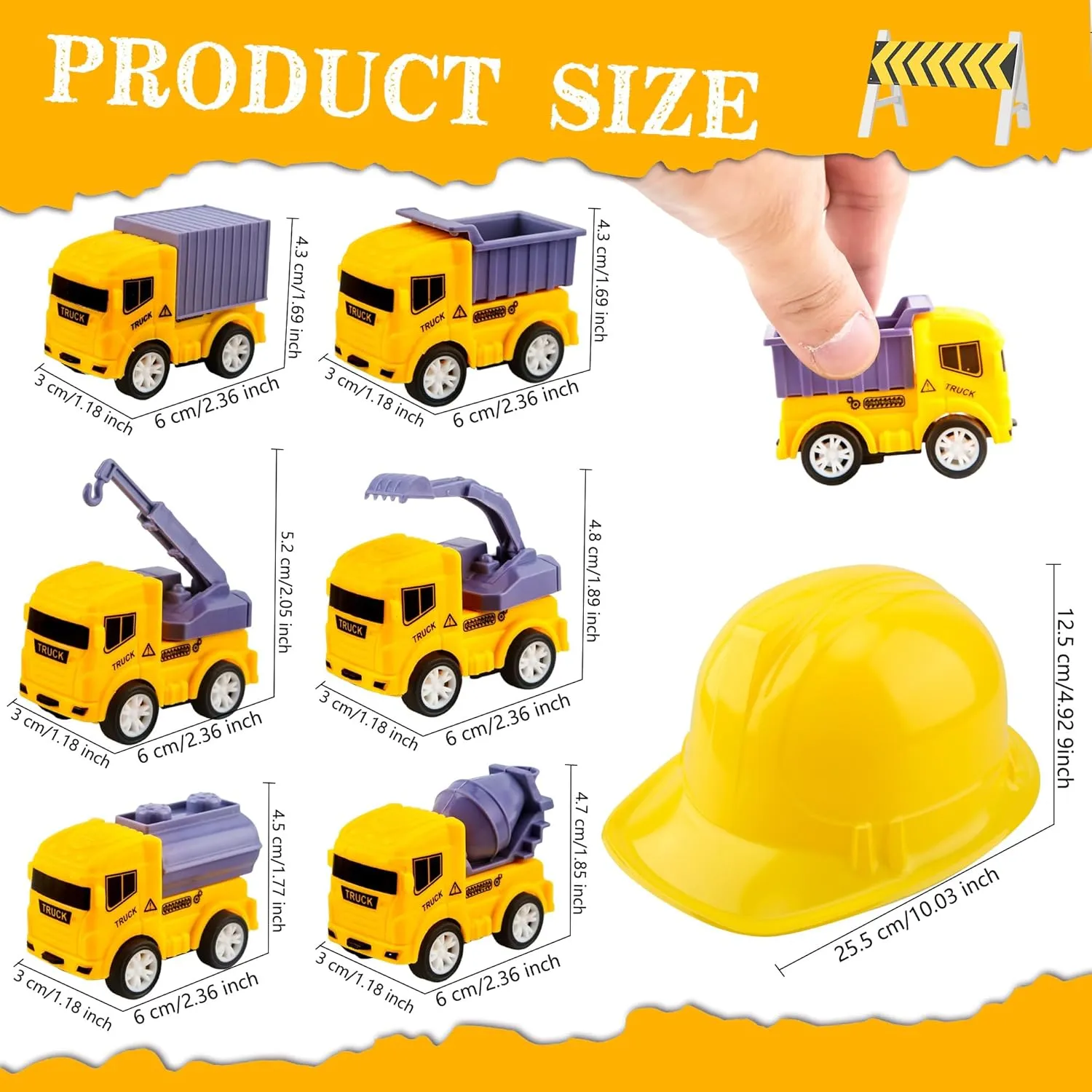 32 Pcs Kids Construction Party Favors Inlcude 16 Plastic Hat 16 Mini Pullback Trucks Toy for Bag Filler Gift