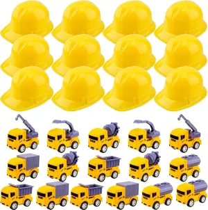 32 Pcs Kids Construction Party Favors Inlcude 16 Plastic Hat 16 Mini Pullback Trucks Toy for Bag Filler Gift