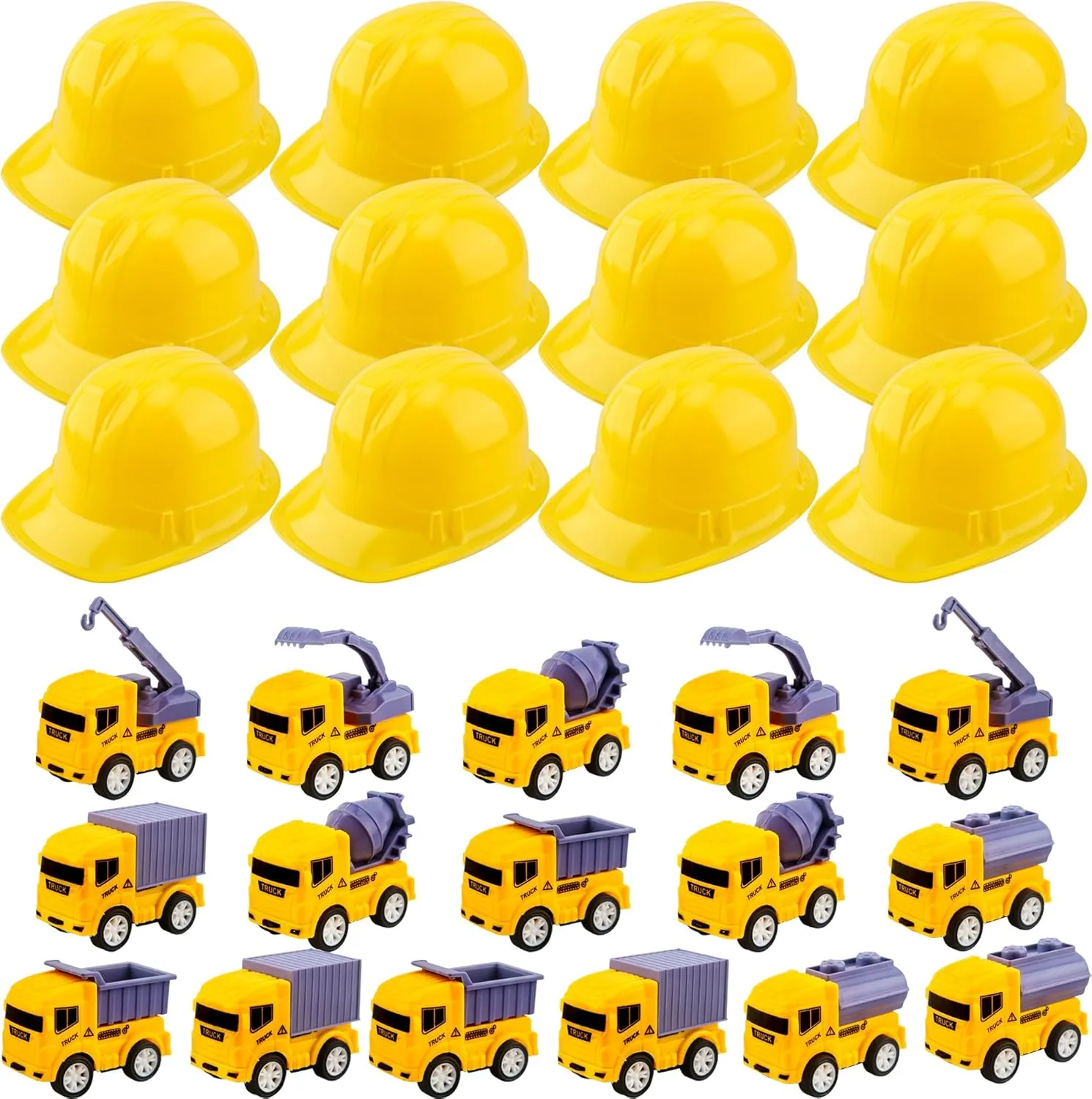 32 Pcs Kids Construction Party Favors Inlcude 16 Plastic Hat 16 Mini Pullback Trucks Toy for Bag Filler Gift