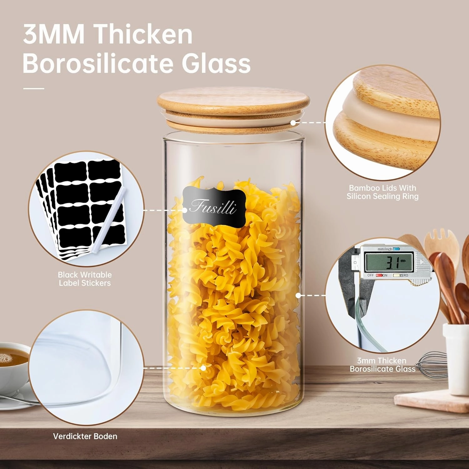 32oz - 4 Pack Glass Jars with Bamboo Lids, Glass Pantry Storage Containers with Airtight Lids, Round Air Tigh Food Storage Canisters for Cereal, Pasta, Flour, Sugar, Rice, Best for Kitchen Organizer