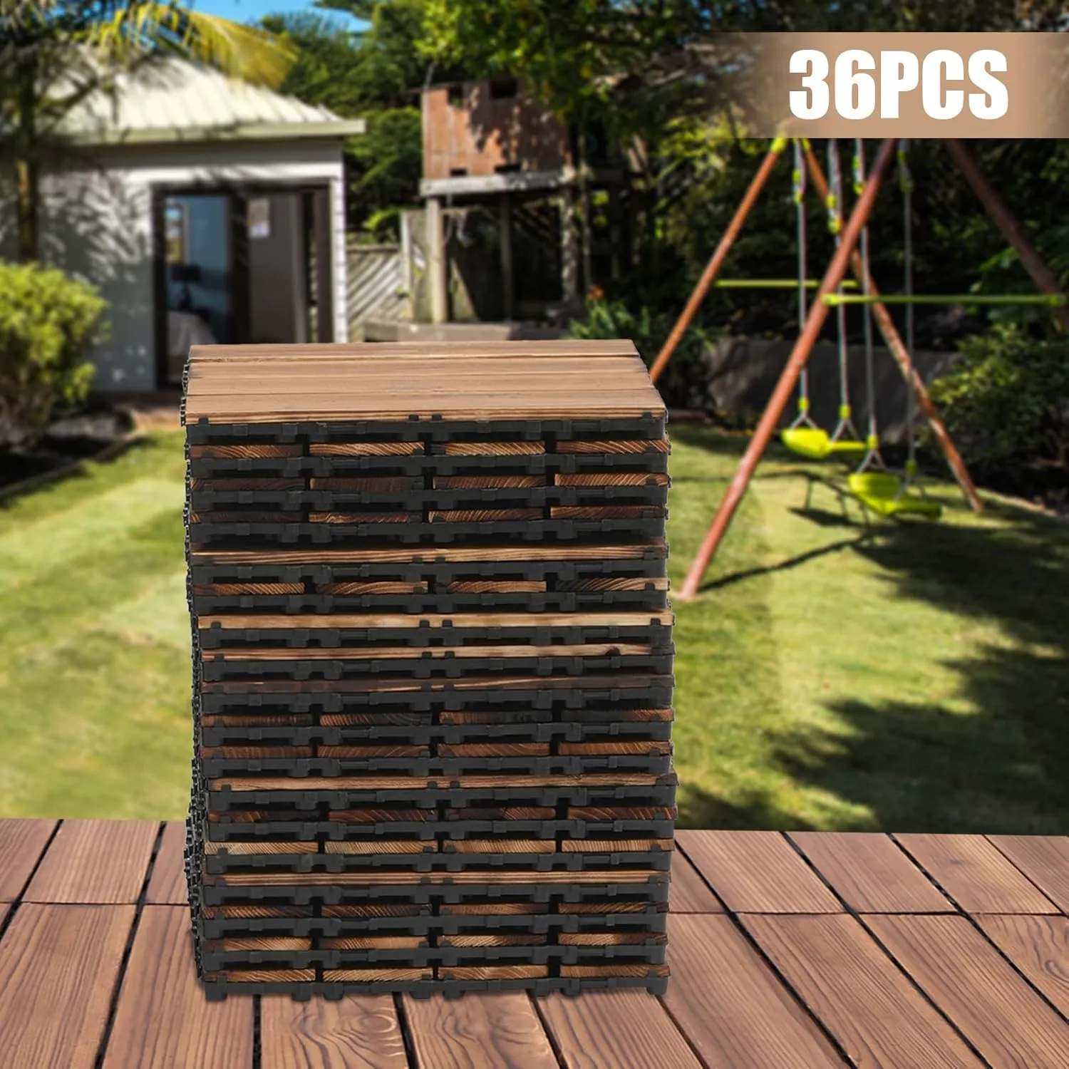 36 Pack Hardwood Interlocking Patio Deck Tiles, 12"x12" Waterproof Indoor Outdoor Flooring Patio Floor Decking Tiles DIY Flooring Tile Porch Poolside Balcony Backyard Garden (12x12, Brown, 36)