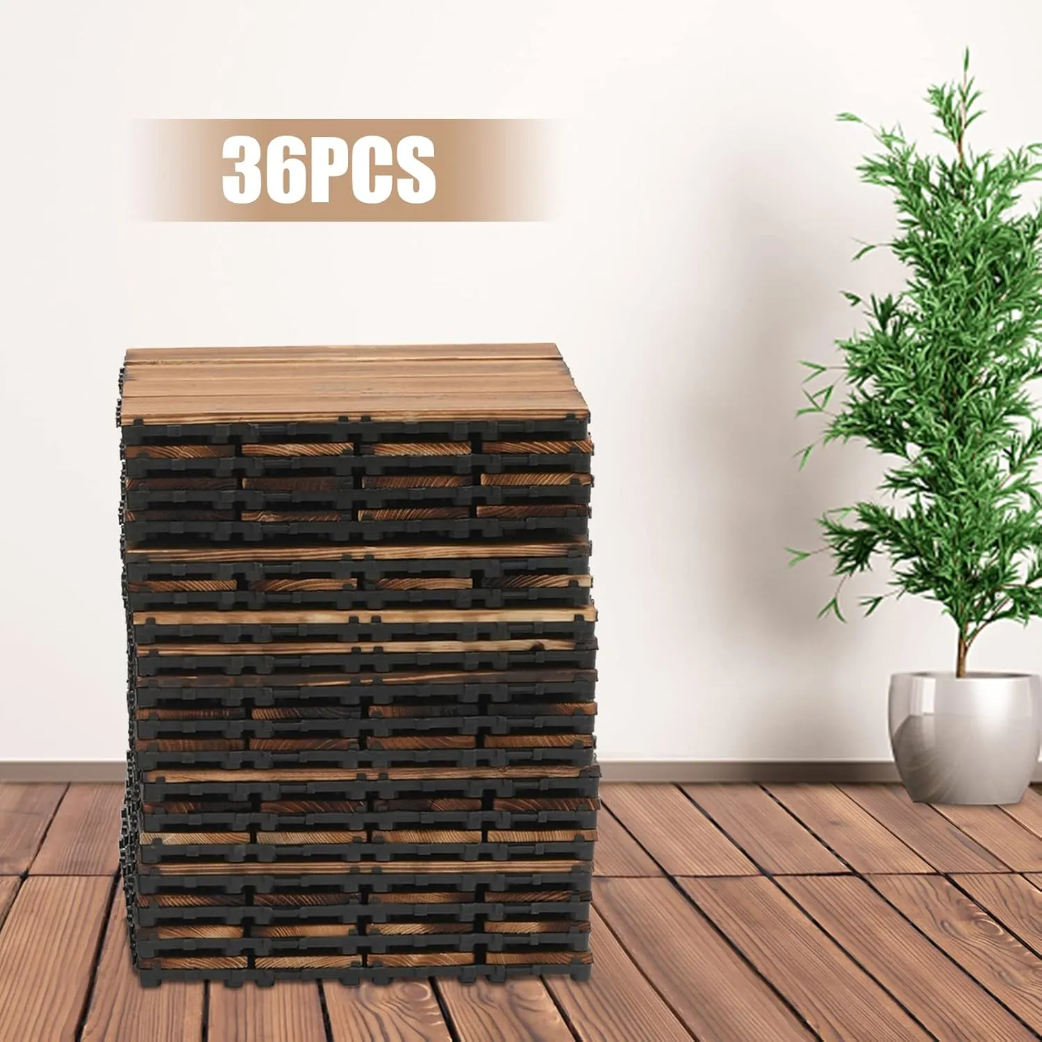 36 Pack Hardwood Interlocking Patio Deck Tiles, 12"x12" Waterproof Indoor Outdoor Flooring Patio Floor Decking Tiles DIY Flooring Tile Porch Poolside Balcony Backyard Garden (12x12, Brown, 36)