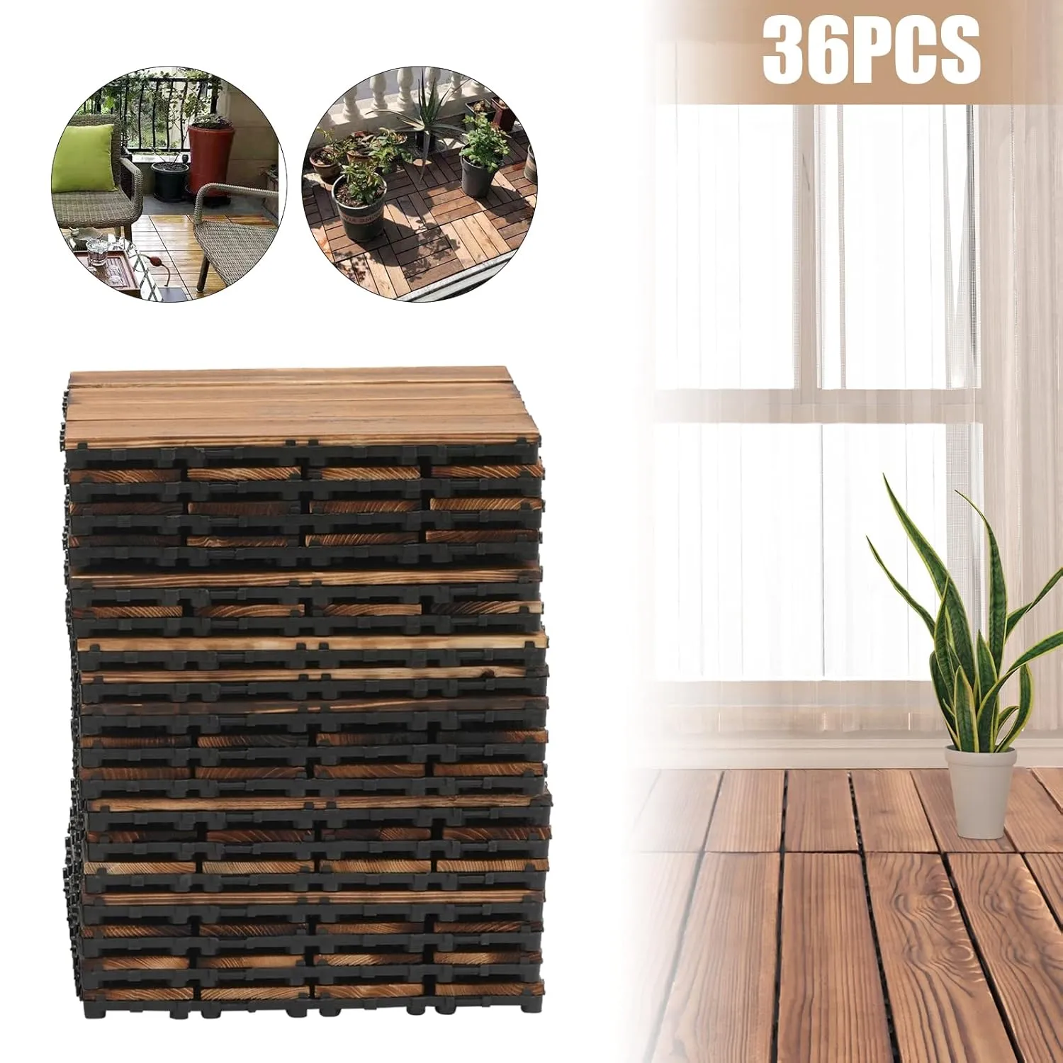 36 Pack Hardwood Interlocking Patio Deck Tiles, 12"x12" Waterproof Indoor Outdoor Flooring Patio Floor Decking Tiles DIY Flooring Tile Porch Poolside Balcony Backyard Garden (12x12, Brown, 36)