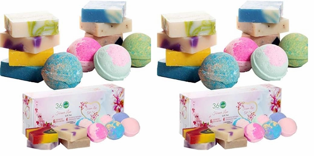 360Feel Forever Love 6 Bath Bombs Plus 4 Handmade Soap Essential Oil Organic Bath Bomb for Her Soothing Cruelty Hair (Pack of 2)