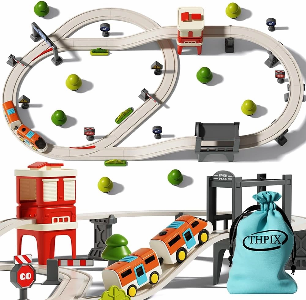 36 pcs Train Track Set for Toddlers, Forest Theme Kids Motorized Magnetic Train Toy,Train Railway Track Set, Birthday Gifts for 3 4 5 6 7 Year Old Boys Girls Children，with Storage Bag and Rug