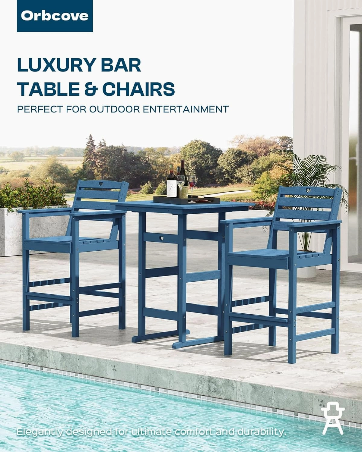 3-Piece Bar Height Patio Table and Chairs Set, HDPE Wood Grain Outdoor Bar Table and Chairs with Heart Cutout Design, Weather-Resistant Bar Height Furniture for Deck, Porch, Pool (Navy Blue)