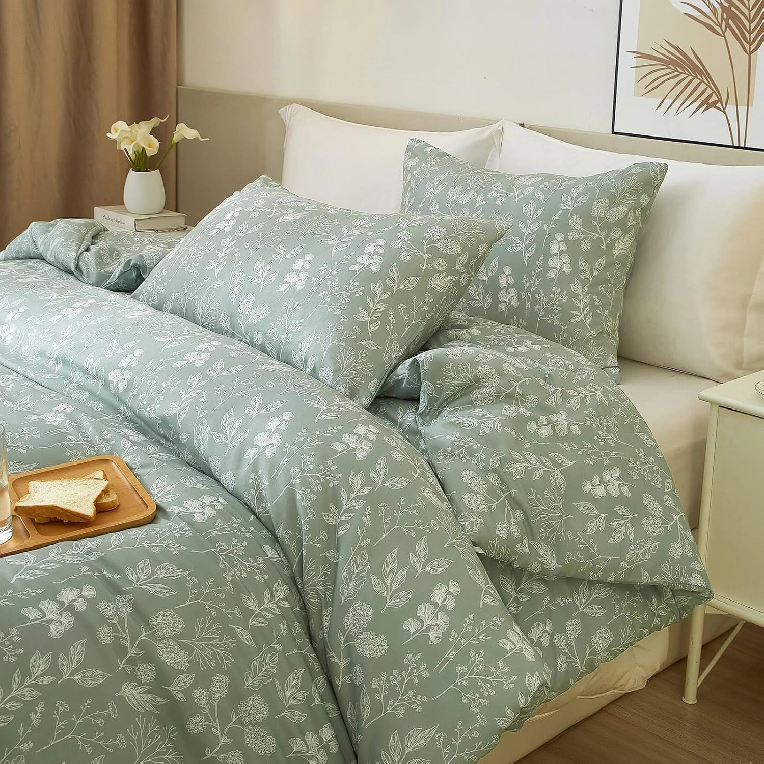 3 Piece Duvet Cover King Size Green Floral Soft 100% Cotton Garden Botanical Bedding Set for Women Girls Aesthetic King Bed Comforter Cover with 2 Pillowcases,Chic,Lightweight