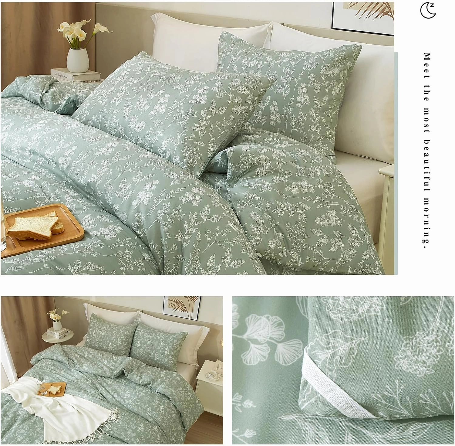 3 Piece Duvet Cover King Size Green Floral Soft 100% Cotton Garden Botanical Bedding Set for Women Girls Aesthetic King Bed Comforter Cover with 2 Pillowcases,Chic,Lightweight