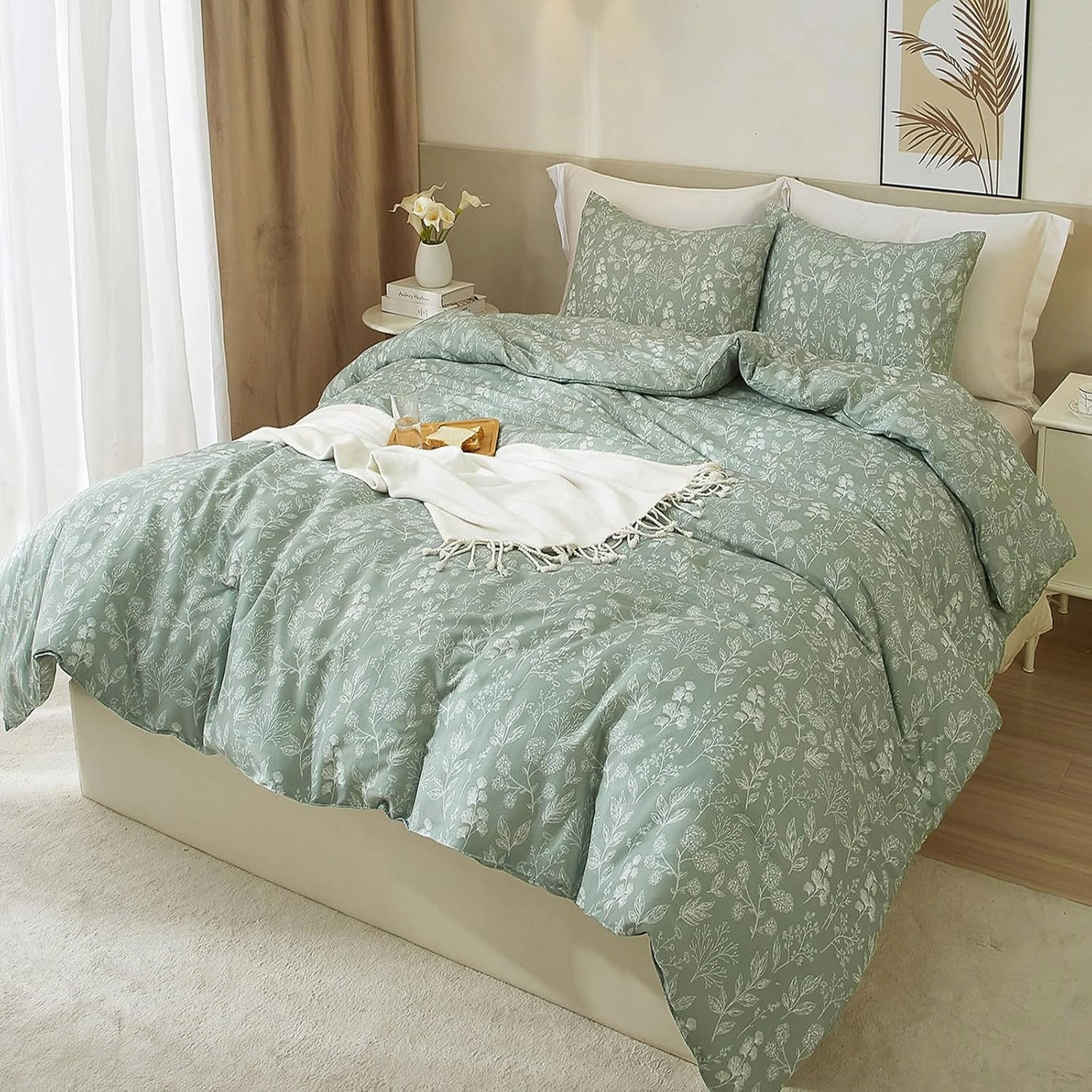 3 Piece Duvet Cover King Size Green Floral Soft 100% Cotton Garden Botanical Bedding Set for Women Girls Aesthetic King Bed Comforter Cover with 2 Pillowcases,Chic,Lightweight