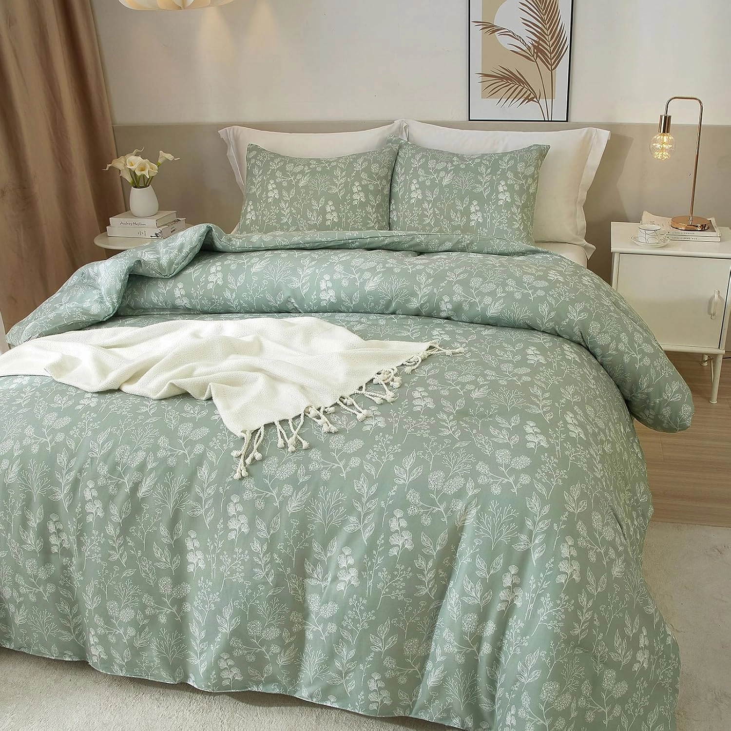 3 Piece Duvet Cover King Size Green Floral Soft 100% Cotton Garden Botanical Bedding Set for Women Girls Aesthetic King Bed Comforter Cover with 2 Pillowcases,Chic,Lightweight