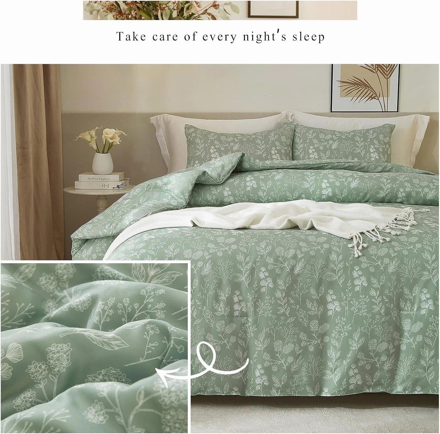 3 Piece Duvet Cover King Size Green Floral Soft 100% Cotton Garden Botanical Bedding Set for Women Girls Aesthetic King Bed Comforter Cover with 2 Pillowcases,Chic,Lightweight