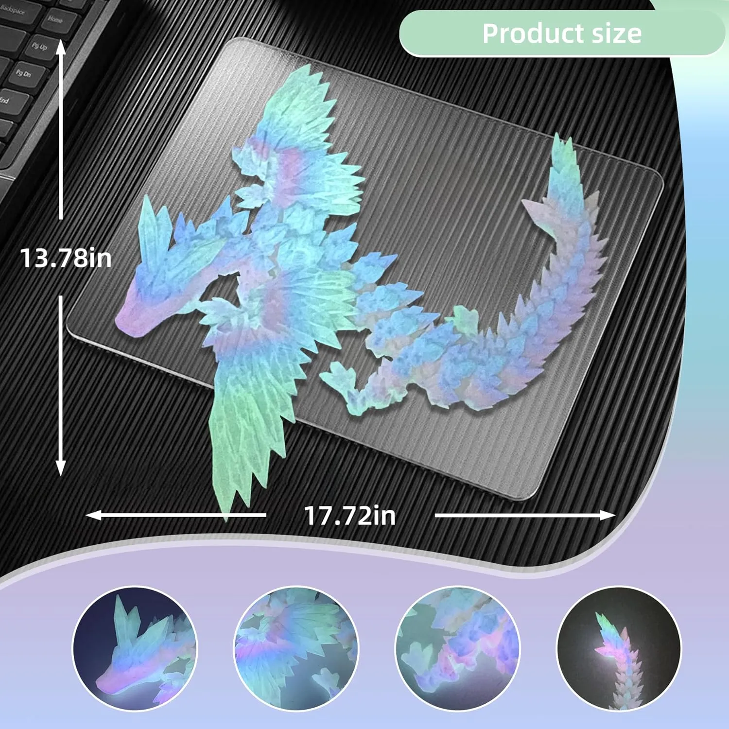 3D Printed Dragon with Wings - Glow Rainbow, 18 inch Flying Dragon, XL Articulated Winged Crystal Fidget Toy, Home Decor, Birthday Gift, Desk Pet