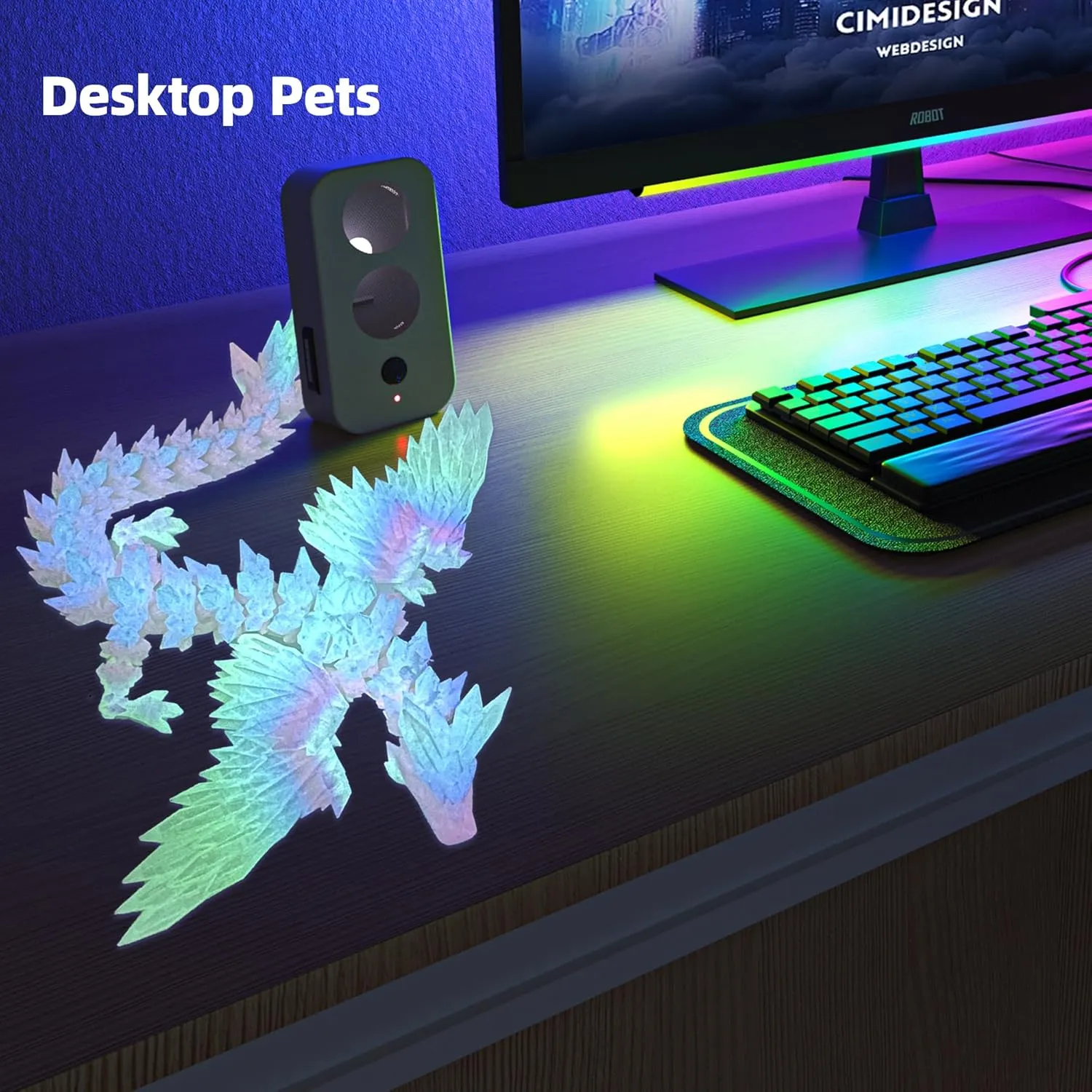 3D Printed Dragon with Wings - Glow Rainbow, 18 inch Flying Dragon, XL Articulated Winged Crystal Fidget Toy, Home Decor, Birthday Gift, Desk Pet