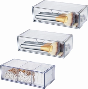 3PCS Square Qtip Holder Dispenser, Clear Cotton Ball Holder With Compartments, Stackable Cotton Pad Container, Cosmetic Organizer for Bathroom Canisters Vanity Makeup (1pc separate 2pc convention)