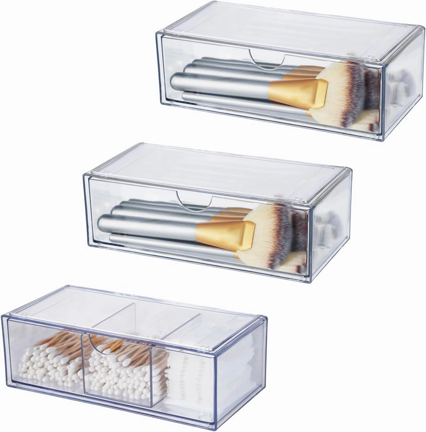 3PCS Square Qtip Holder Dispenser, Clear Cotton Ball Holder With Compartments, Stackable Cotton Pad Container, Cosmetic Organizer for Bathroom Canisters Vanity Makeup (1pc separate 2pc convention)