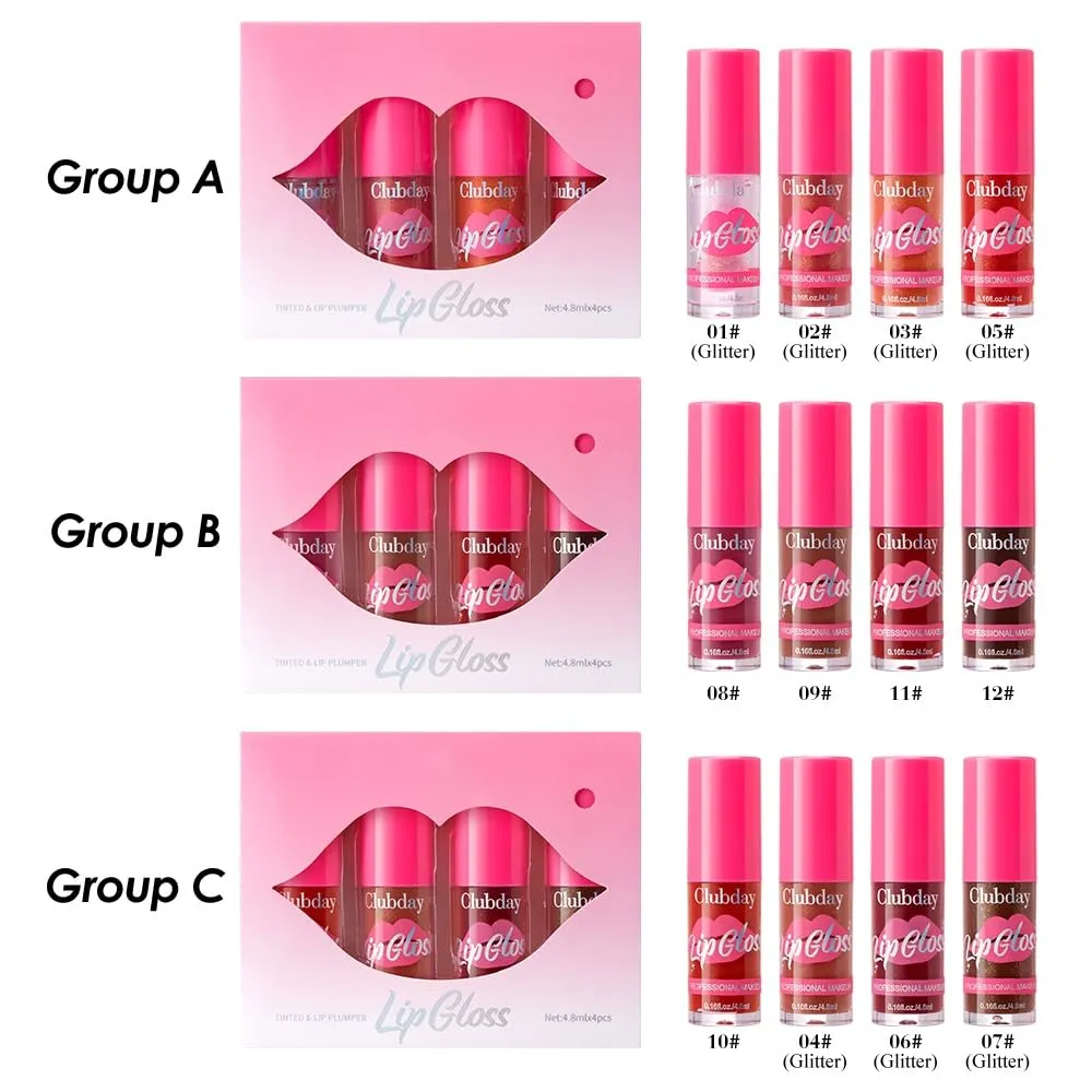 4 Color Lip Glaze, Moisturizing and Nourishing Plumping Lip Gloss, Transparent Pink Shimmering Gloss Lip Glaze, Long Lasting Non-Sticky Transparent Lip Glaze, Women's Gift Set (GrOup B, GrOup A)