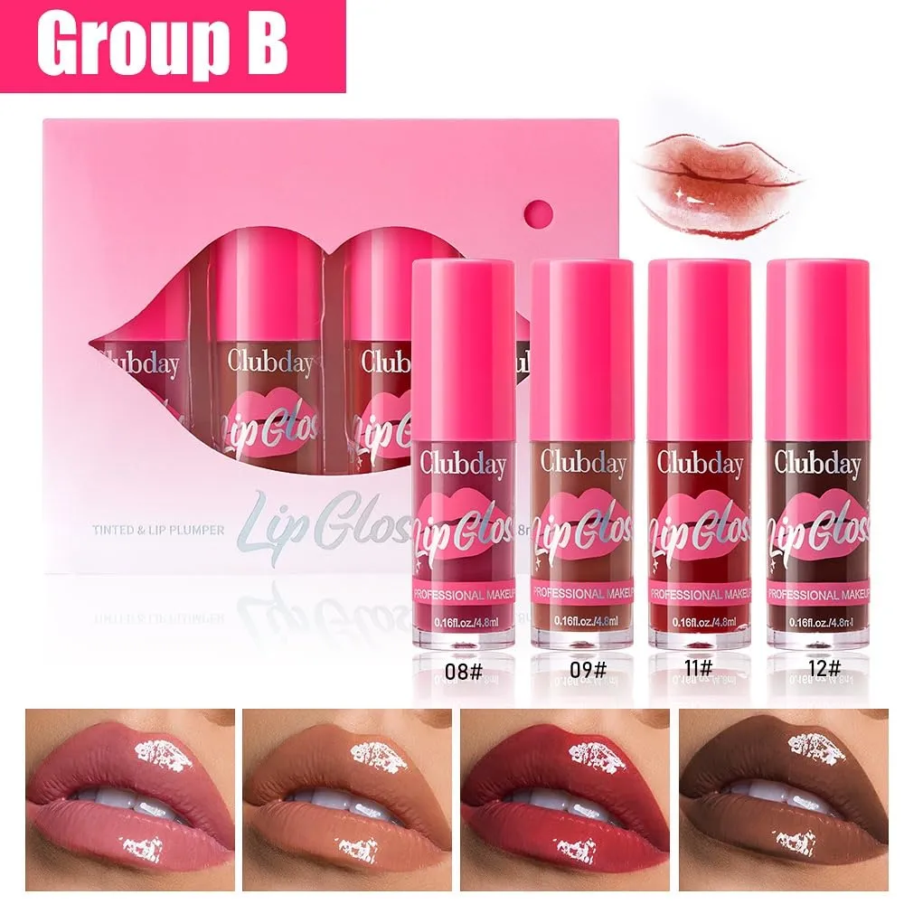 4 Color Lip Glaze, Moisturizing and Nourishing Plumping Lip Gloss, Transparent Pink Shimmering Gloss Lip Glaze, Long Lasting Non-Sticky Transparent Lip Glaze, Women's Gift Set (GrOup B, GrOup A)