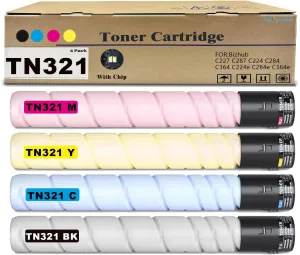 4-Pack TN221 TN-221 TN321 TN-321 Toner Cartridge Black Cyan Magenta Yellow Replacement for Konica Minolta Bizhub C227 C287 C224 C284 C364 C224e C284e C364e Printers