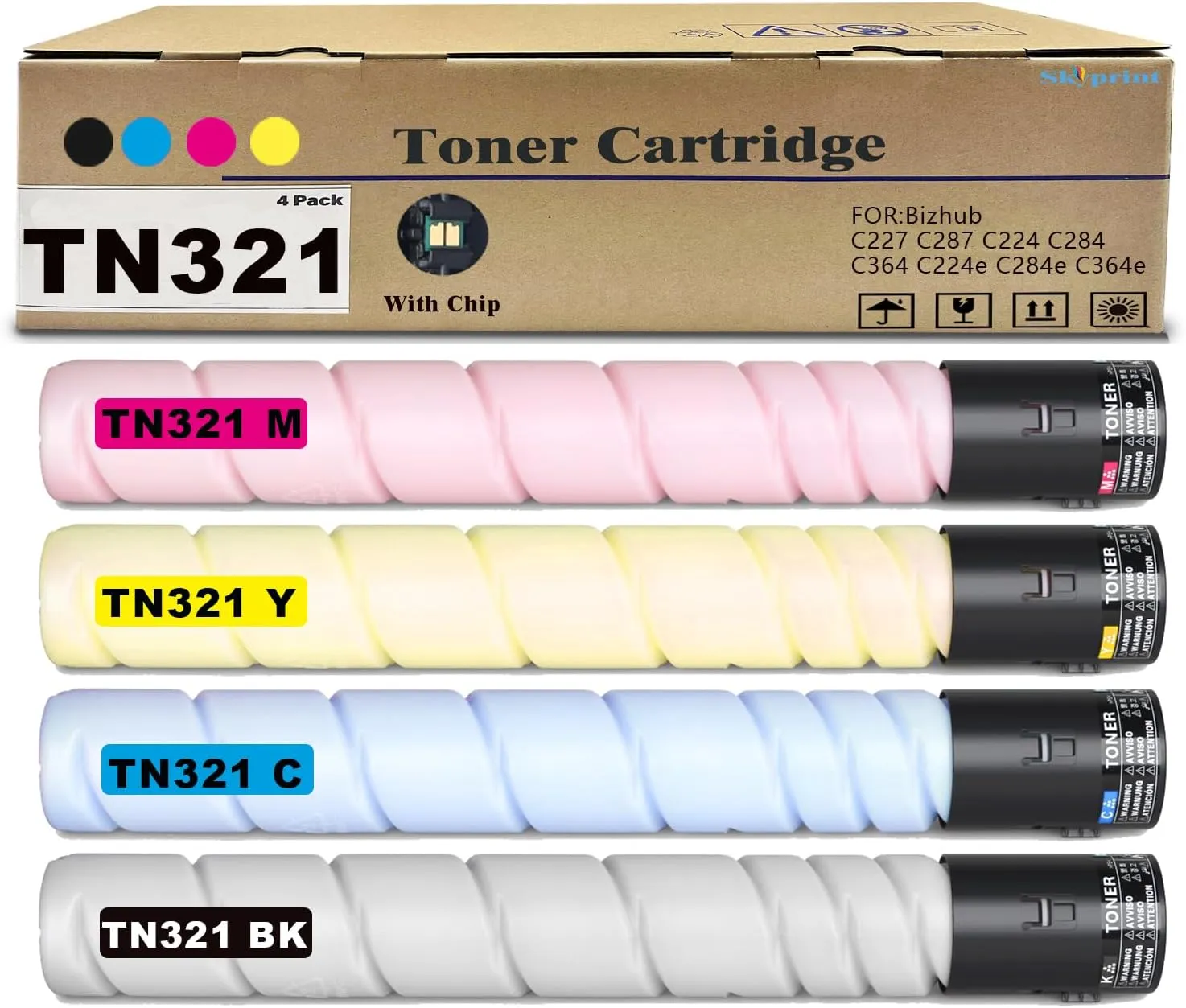 4-Pack TN221 TN-221 TN321 TN-321 Toner Cartridge Black Cyan Magenta Yellow Replacement for Konica Minolta Bizhub C227 C287 C224 C284 C364 C224e C284e C364e Printers