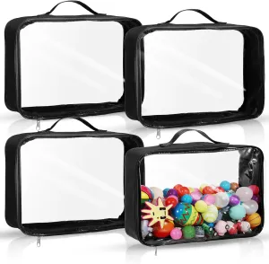 4 Pcs Extra Large Toy Storage Bags with Zipper 12.6'' Clear PVC Organizing Bags Reusable Toy Organizer Travel Waterproof with Handle for Board Games Building Blocks Puzzle(Black)