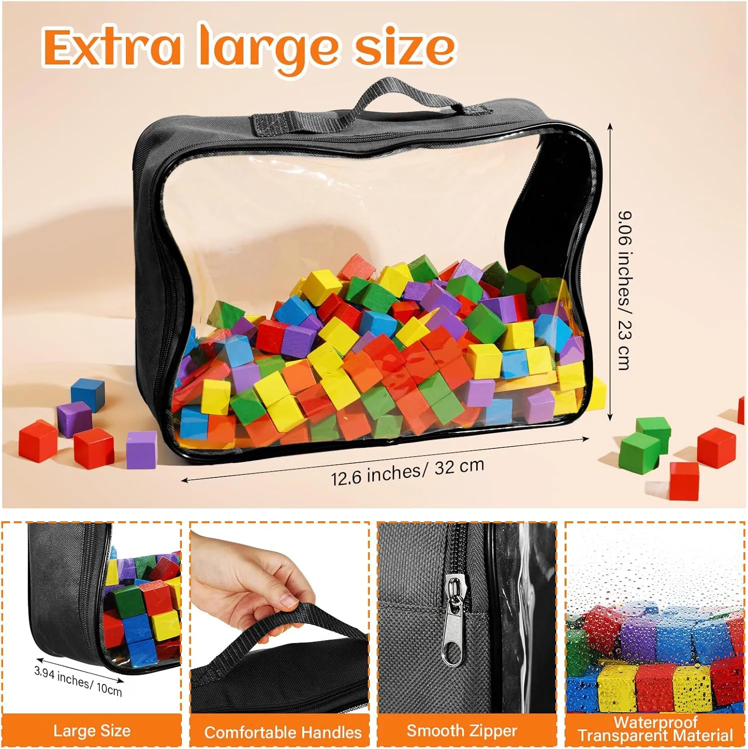 4 Pcs Extra Large Toy Storage Bags with Zipper 12.6'' Clear PVC Organizing Bags Reusable Toy Organizer Travel Waterproof with Handle for Board Games Building Blocks Puzzle(Black)