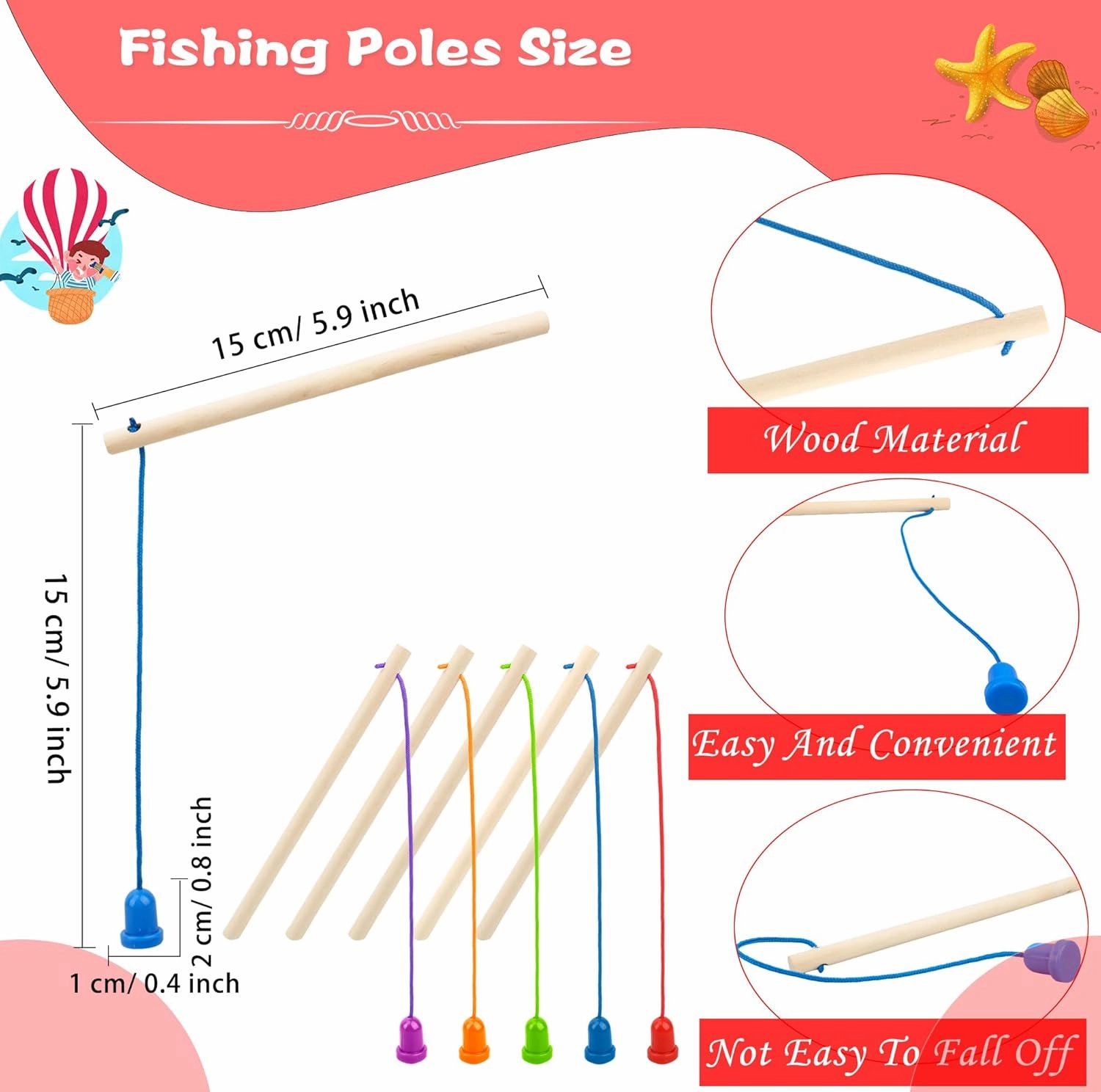40 Pcs Magnetic Fishing Rod Wooden Magnetic Fishing Poles Mini Fishing Pole Toys for Preschool Girl Boy Pool Activity Accessory (Color Set 2)