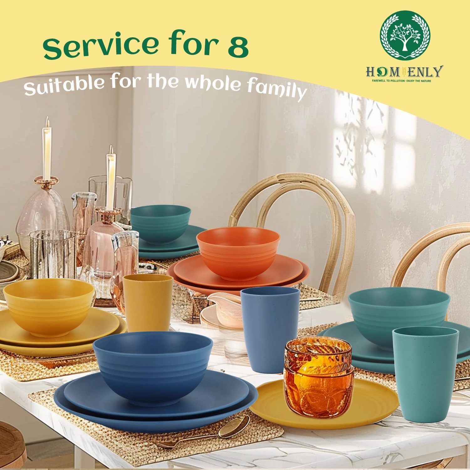 40-Piece Unbreakable Plastic Wheat Straw Dinnerware Set - Multi Color, 8-Person Dish Set for Dinner, Plates, Bowls, Cups & Appetizer Plates - Perfect for Outdoor Camping