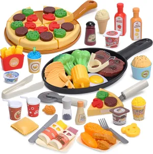 44-Piece Play Food for Toddlers | Realistic Pretend Food Toys with Frying Pan | Kids Food Playset, BPA-Free Plastic Learning Toys for Toddlers (Pizza/Ice Cream/Steak)