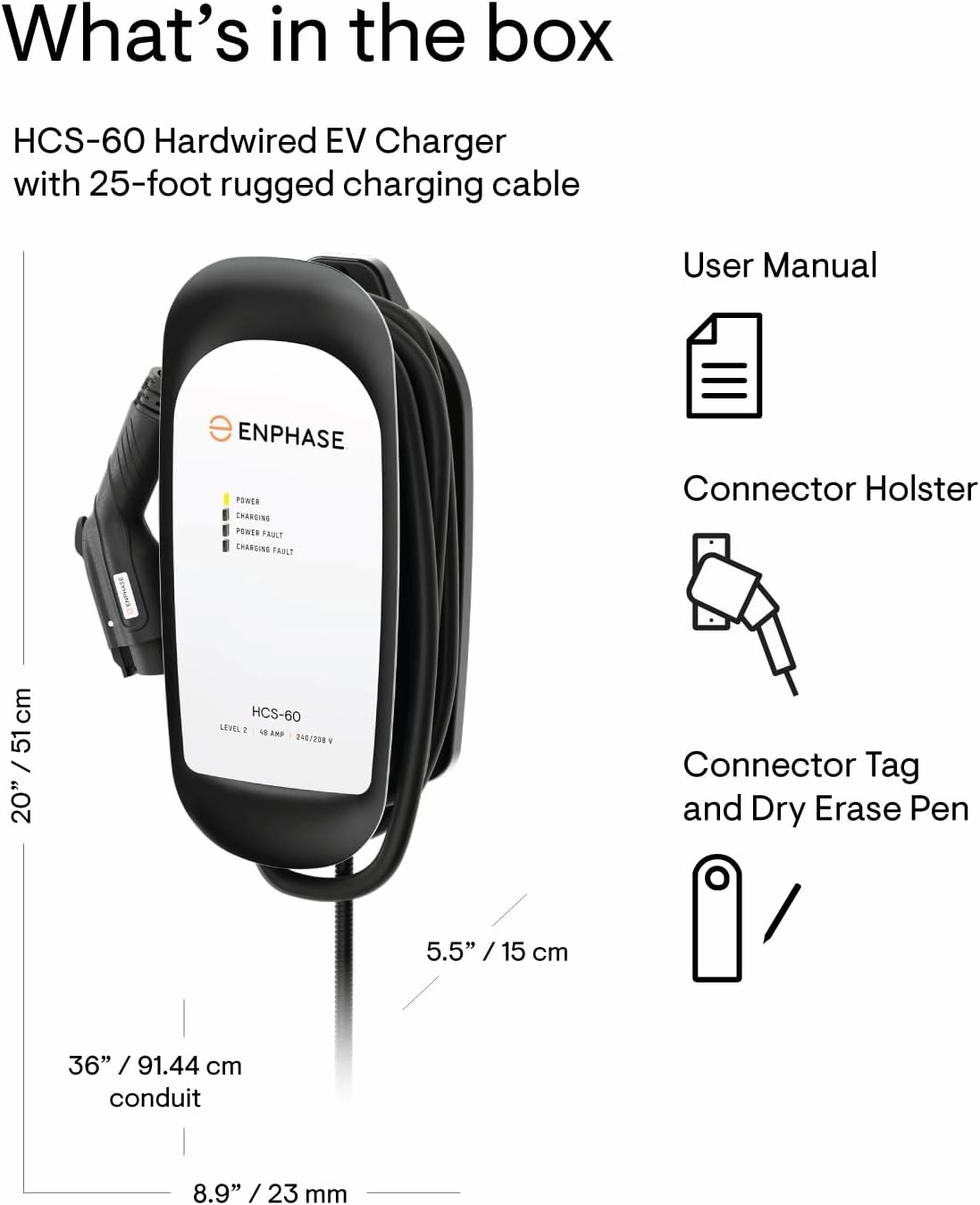 48 Amp EV Charger, Enphase HCS-60, Hardwired, 240V, 11.5kW Power, Safety Certified, 5-Year Warranty, 25 ft Cable, J1772 Ruggedized Connector, Formerly ClipperCreek