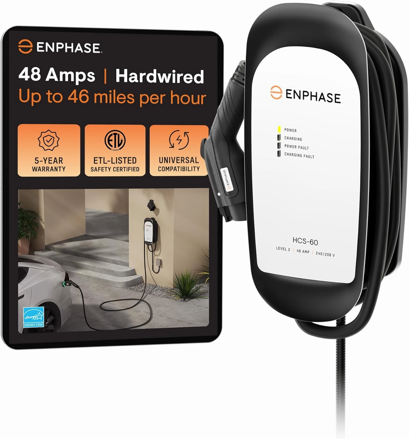 48 Amp EV Charger, Enphase HCS-60, Hardwired, 240V, 11.5kW Power, Safety Certified, 5-Year Warranty, 25 ft Cable, J1772 Ruggedized Connector, Formerly ClipperCreek
