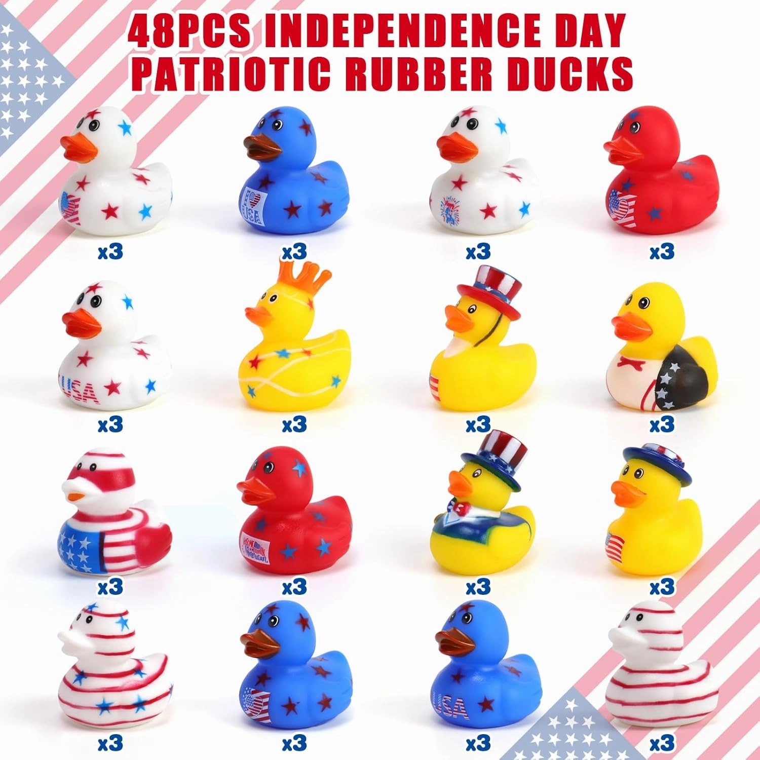 48 Pcs 2 Inch Patriotic Rubber Ducks, 4th of July Bulk Rubber Ducks Bath Toys for Kids, Independence Day Decorations Rubber Duck for Gifts Jeep Gift Baby Shower Party Favors Decor Supplies