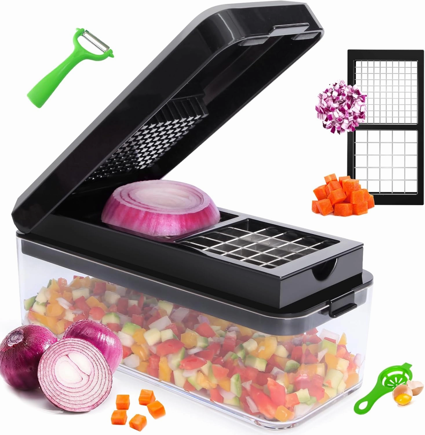 4 in 1 Vegetables Chopper, Multi-functional Salad Chopper, Slicer Vegetable Cutter, Onion Choppers, Potato Cutter, Veggie Choppers with Container and Lid, Food Cutters(Black)