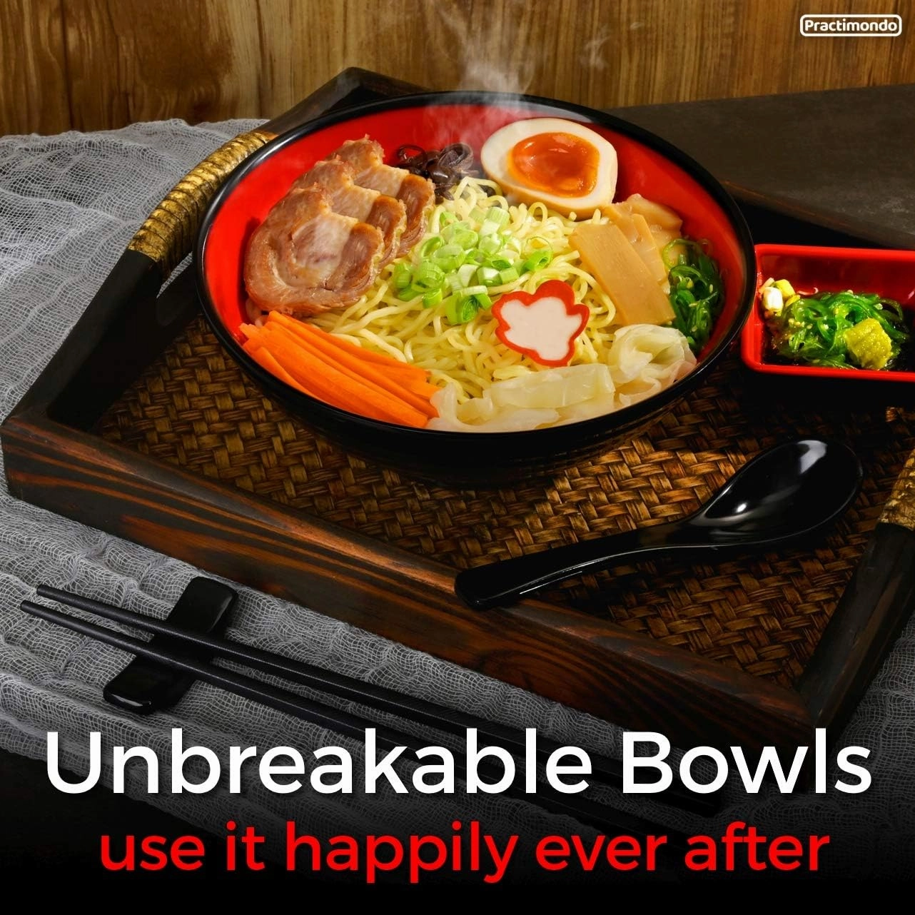 4 Noodle Bowls Set - large 32oz Ramen Bowl Set for authentic Asian Cuisine - with Dipping Bowls, Spoons, Chopsticks & Chopstick Stands. Enjoy Thai Miso Udon Wonton (4 Bowl Set, Red-Black)