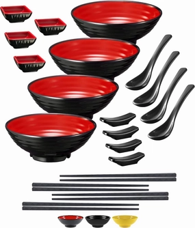 4 Noodle Bowls Set - large 32oz Ramen Bowl Set for authentic Asian Cuisine - with Dipping Bowls, Spoons, Chopsticks & Chopstick Stands. Enjoy Thai Miso Udon Wonton (4 Bowl Set, Red-Black)
