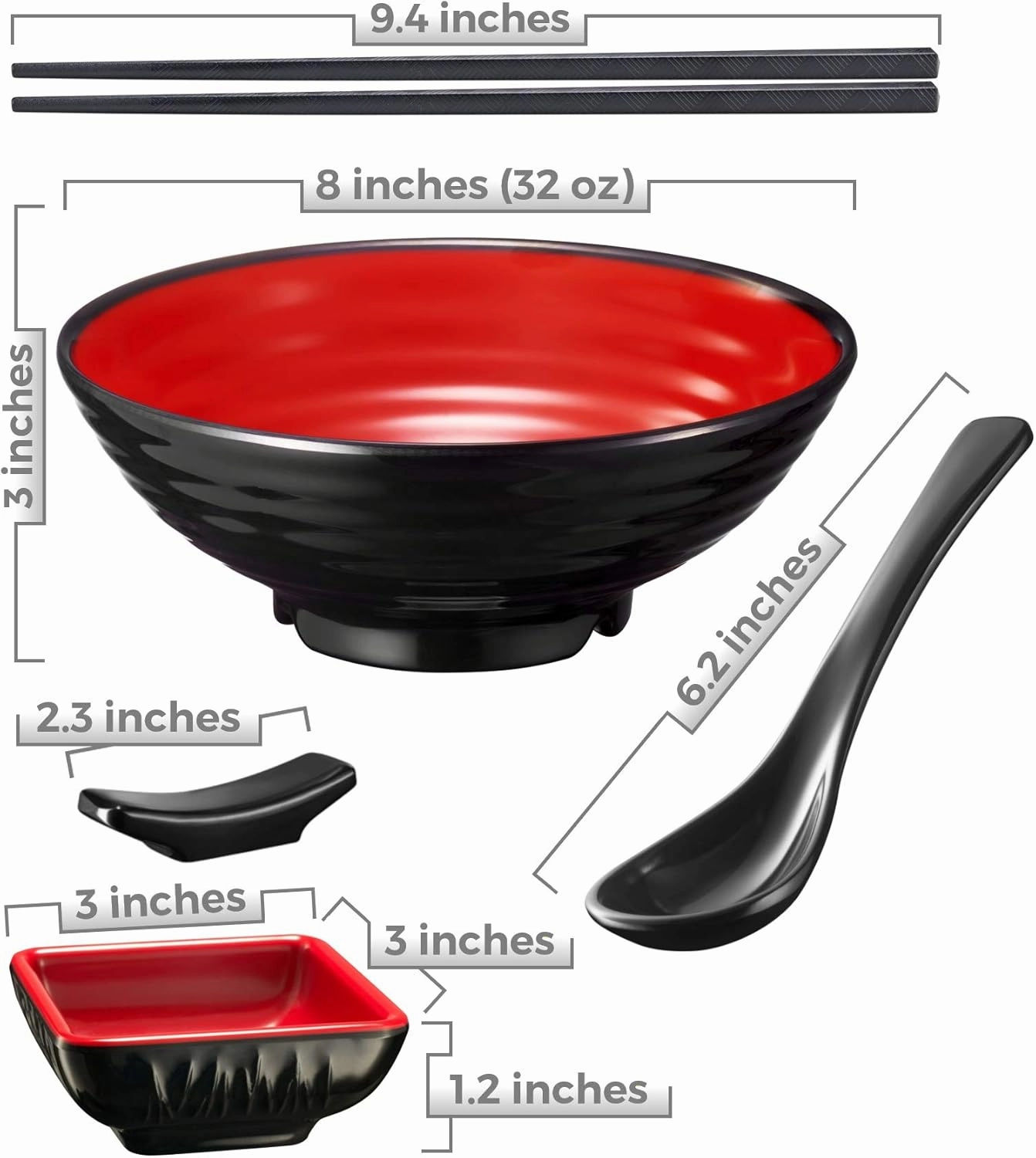 4 Noodle Bowls Set - large 32oz Ramen Bowl Set for authentic Asian Cuisine - with Dipping Bowls, Spoons, Chopsticks & Chopstick Stands. Enjoy Thai Miso Udon Wonton (4 Bowl Set, Red-Black)