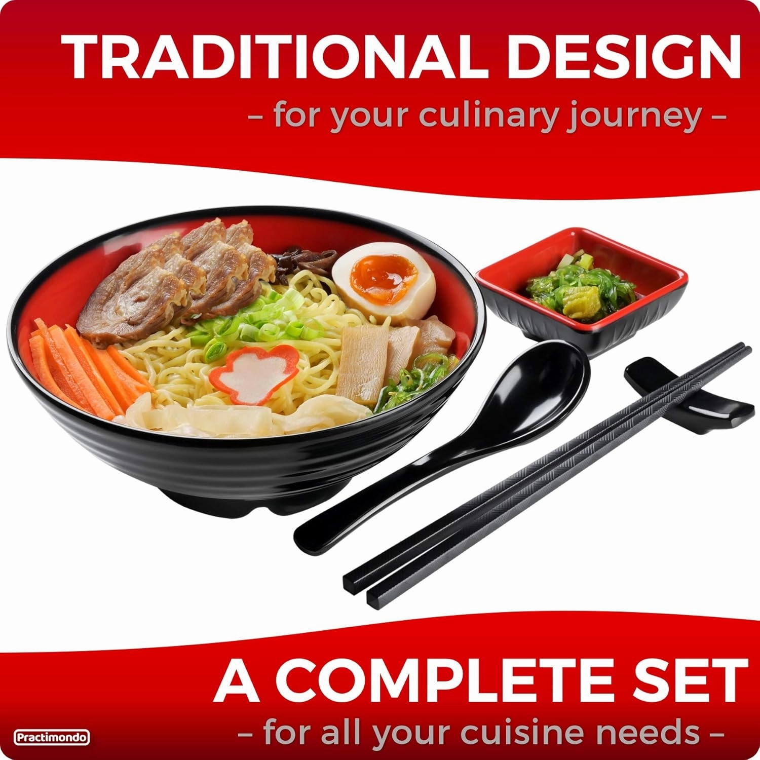 4 Noodle Bowls Set - large 32oz Ramen Bowl Set for authentic Asian Cuisine - with Dipping Bowls, Spoons, Chopsticks & Chopstick Stands. Enjoy Thai Miso Udon Wonton (4 Bowl Set, Red-Black)