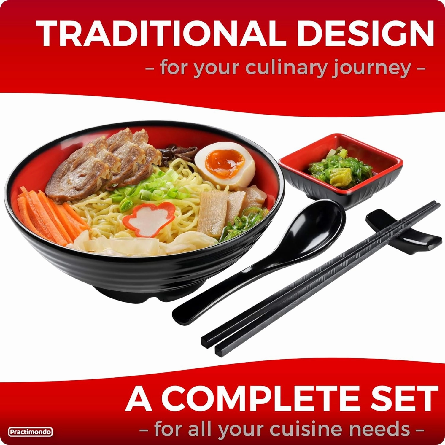 4 Noodle Bowls Set - large 32oz Ramen Bowl Set for authentic Asian Cuisine - with Dipping Bowls, Spoons, Chopsticks & Chopstick Stands. Enjoy Thai Miso Udon Wonton (4 Bowl Set, Red-Black)