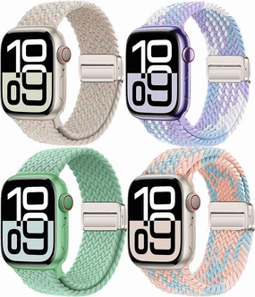 4 Pack Braided Magnetic Band Compatible with Apple Watch Women Men 49mm 46mm 45mm 44mm 42mm(2024 series 10) 41mm 40mm 38mm, Stretchy Nylon Sport Loop Strap for iWatch Ultra 2/1 Series 10 9 8 SE 7 6 5 4 3 2 1