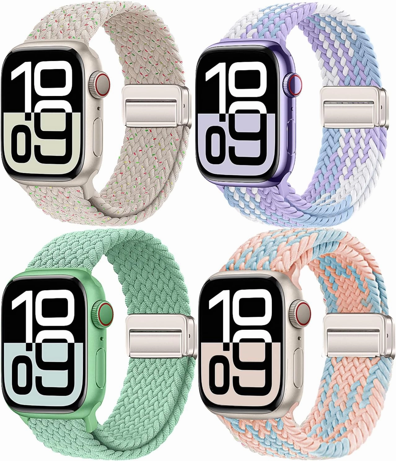 4 Pack Braided Magnetic Band Compatible with Apple Watch Women Men 49mm 46mm 45mm 44mm 42mm(2024 series 10) 41mm 40mm 38mm, Stretchy Nylon Sport Loop Strap for iWatch Ultra 2/1 Series 10 9 8 SE 7 6 5 4 3 2 1