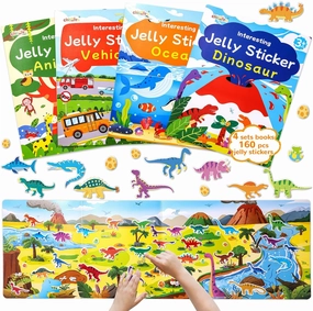 4 Sets Large Reusable Sticker Books for Toddlers 2-4, 160 pcs Jelly Sticker Book for Kids 3-5, Animal Dinosaur Ocean Vehicle Busy Activities Travel Toys Birthday Gifts for Boys Girls 35 x 11 Inch